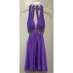 Tony Bowls Vintage Purple Halter Cocktail /Prom Dress Size 0 Shoulder To Hem 36"